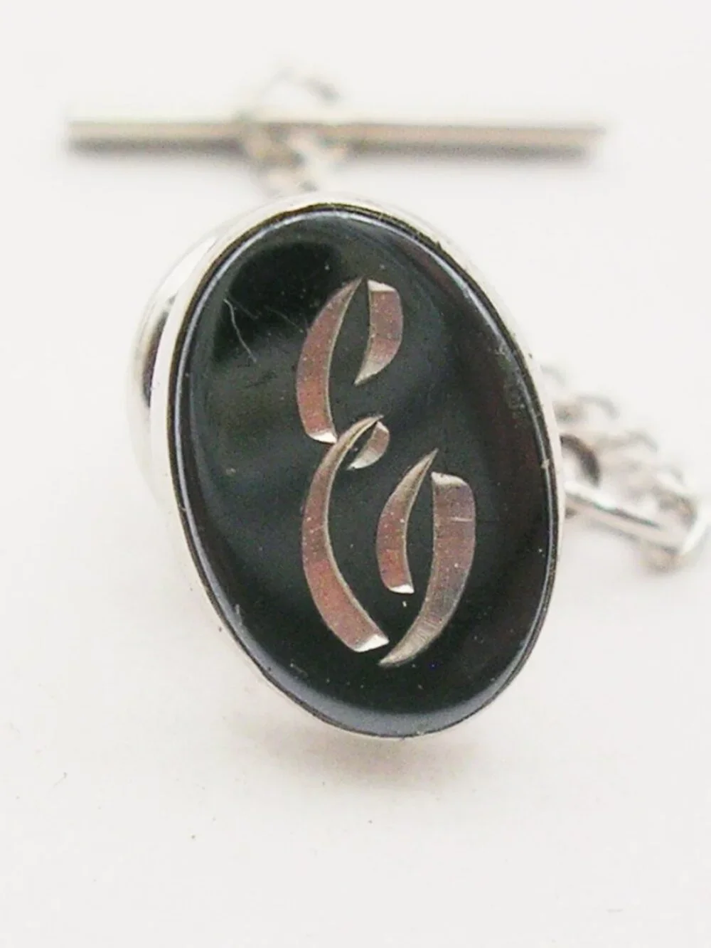 Initial E Tie Tack Pin with chain vintage Men's Formal Wedding Accessory